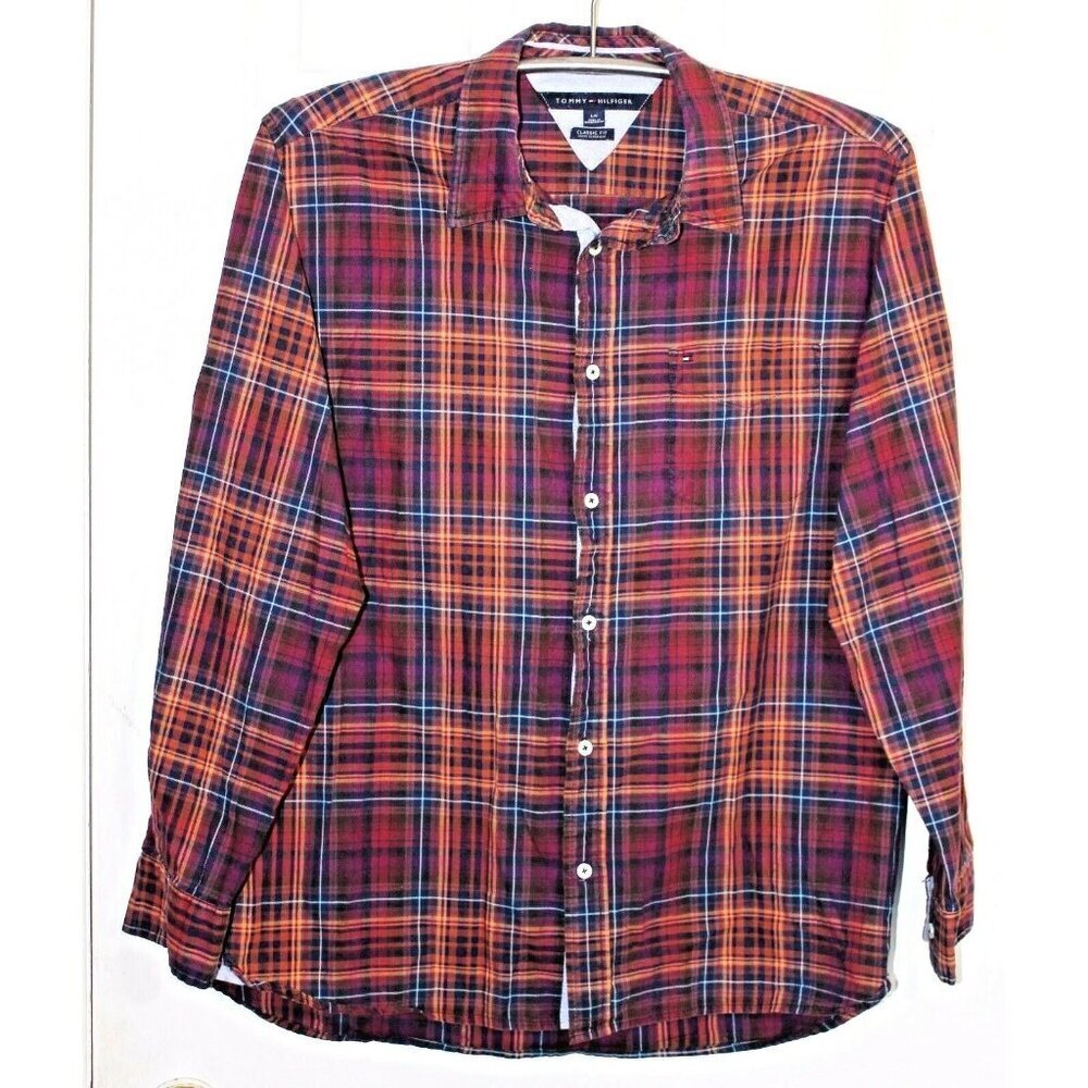 Tommy Hilfiger Mens Button Down Plaid Shirt Large Blue Red Cotton Long Sleeve